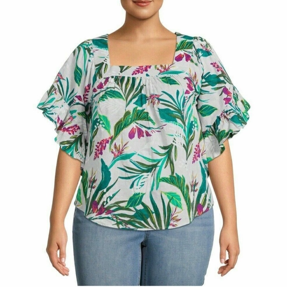 Terra & Sky flutter sleeve ruffled Floral Blouse size: 16W-18W 100%cotton
